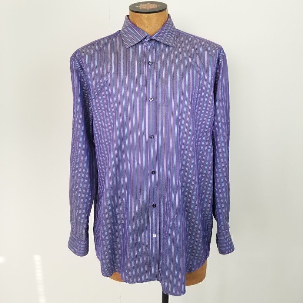 Robert Graham Mens Size 17.5 44 Purple Striped Button Down Shirt Long Sleeve